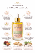 3-in-1 curve elixir oil bottle showcasing benefits like firming, plumping, and enhancing curves.