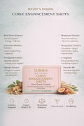 Infographic detailing ingredients and benefits of Curve Enhancement Shots, highlighting energy, fullness, and body support.