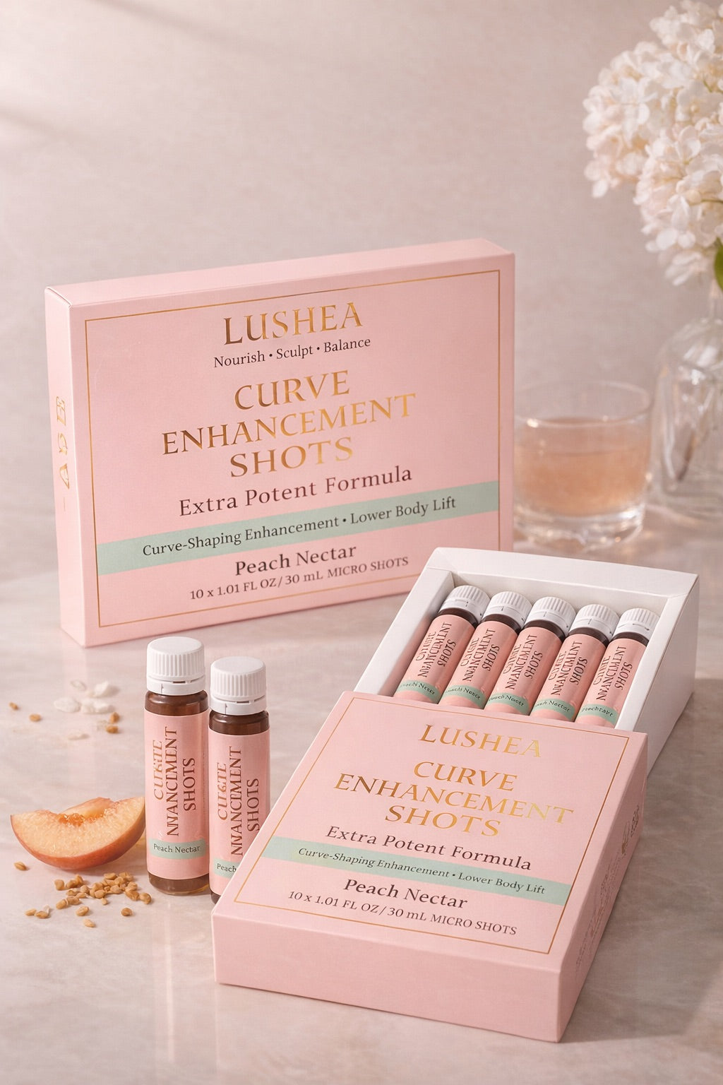 LUSHEA CURVE ENHANCEMENT SHOTS Extra Potent Formula in a stylish package with peach nectar flavor.