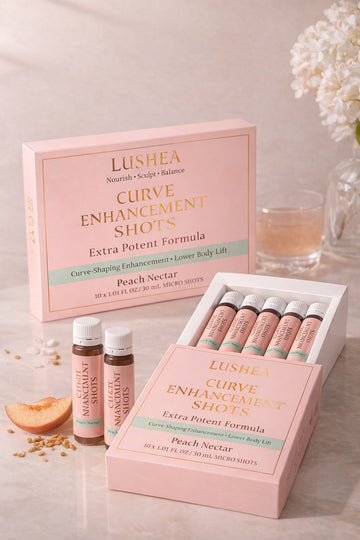 LUSHEA CURVE ENHANCEMENT SHOTS Extra Potent Formula in a stylish package with peach nectar flavor.